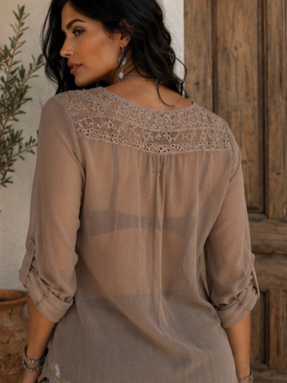Love Stitch Taupe Lace-Trim Semi-Sheer Blouse - Picture 7 of 13